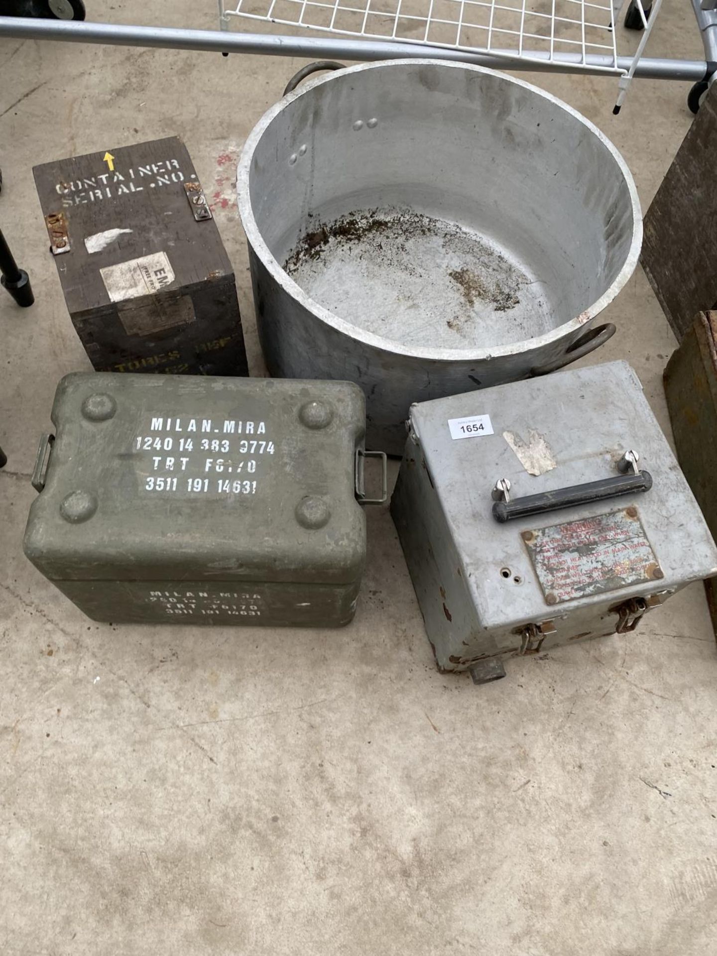 THREE MILITARY STORAGE BOXES AND A COOKING POT
