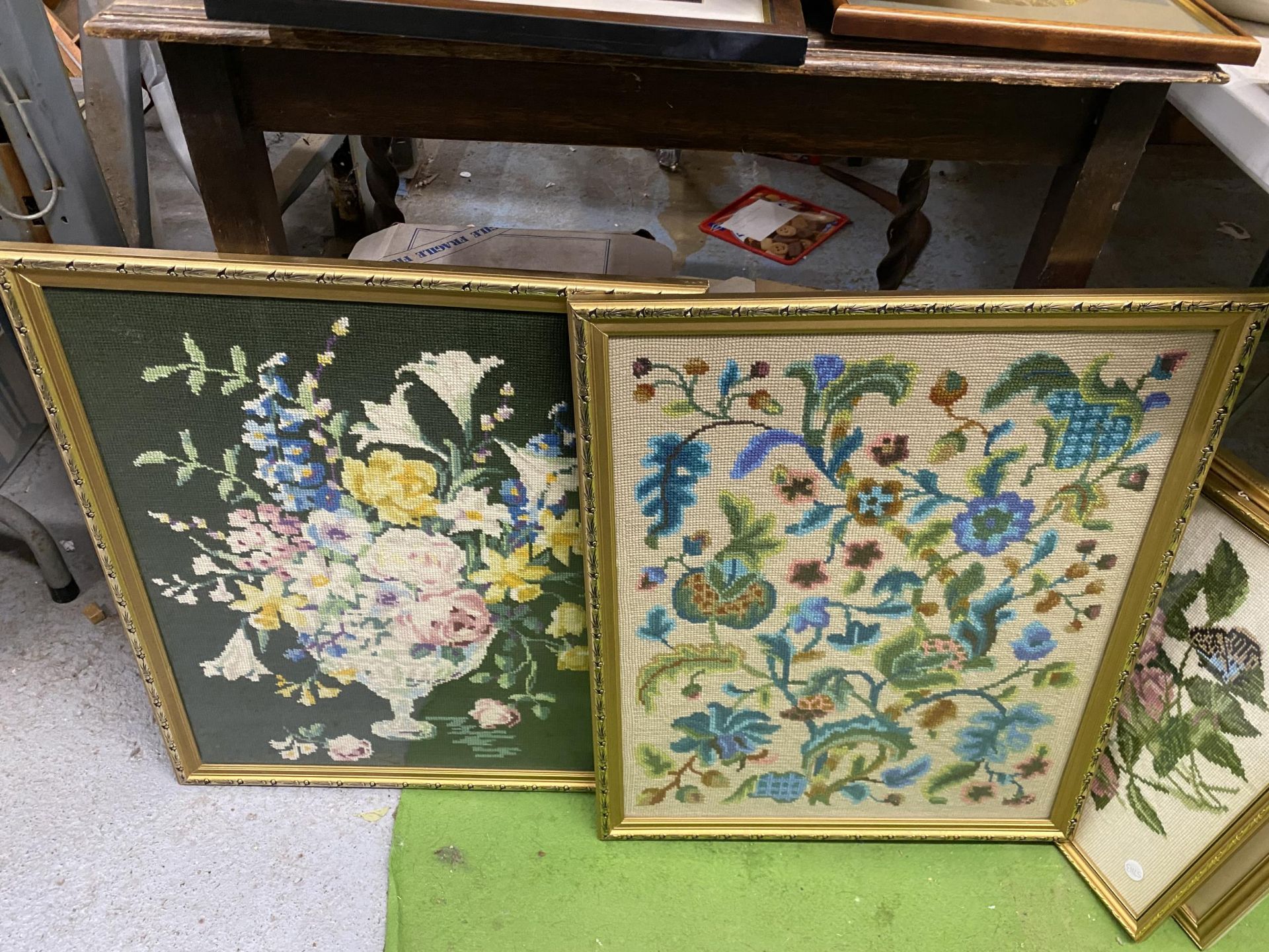 FOUR GILT FRAMED FLORAL WOOLWORK PICTURES - Image 2 of 2