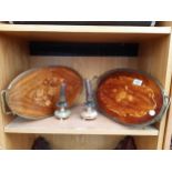 TWO VINTAGE WOODEN TRAYS WITH BRASS GALLERY AND TWO ONYX CANDLE STICKS