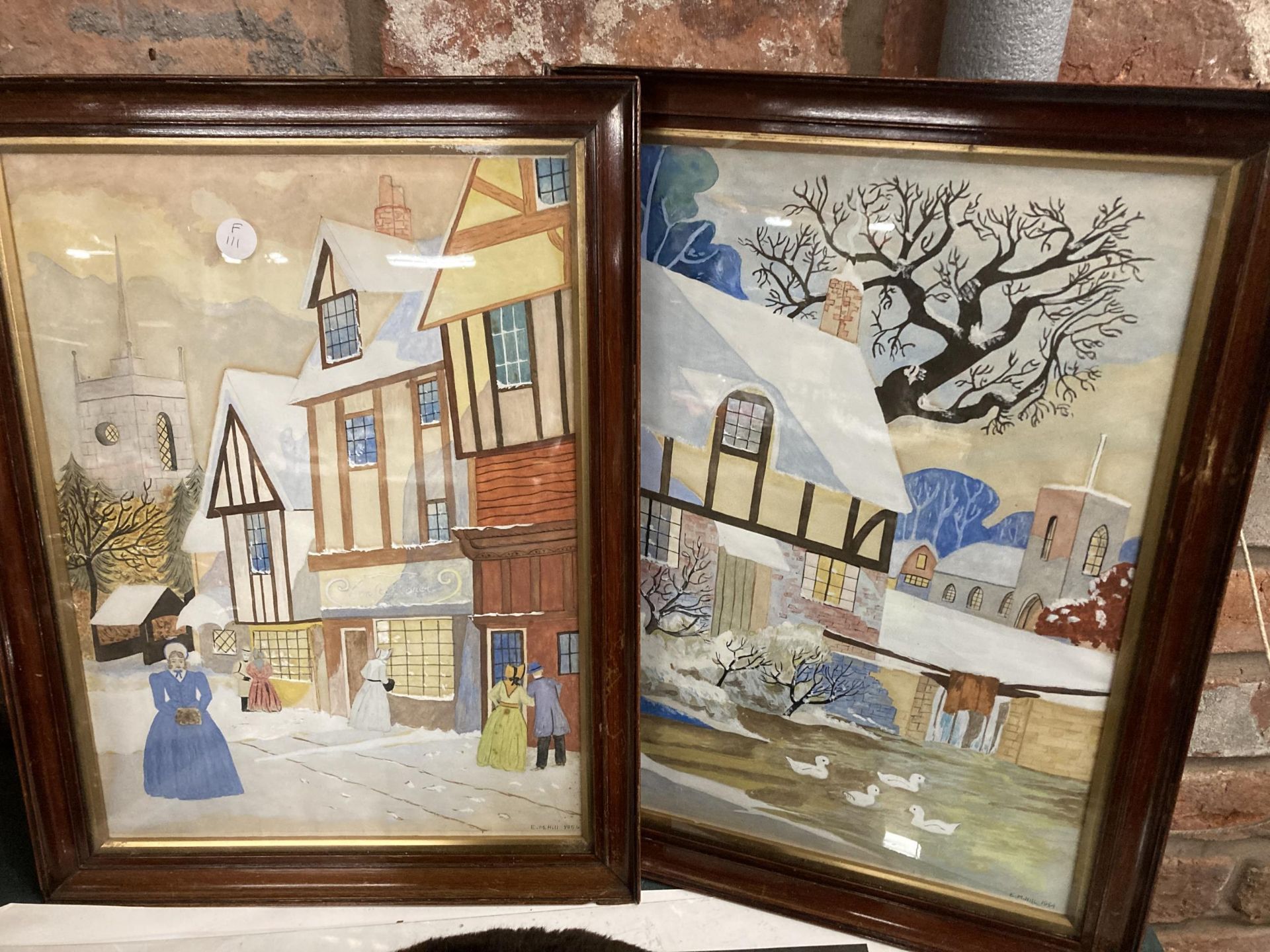 A MIXED LOT TO INCLUDE TWO WATERCOLOURS SIGNED E. M. HILL 1954, DESSERT GLASSES, A FUR HAT, ETC - Image 2 of 4