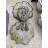 AN ASSORTMENT OF RECONSTITUTED STONE ITEMS TO INCLUDE A FACE PLANTER, THREE DOVES AND TWO LOG