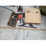 AN ASSORTMENT OF ITEMS TO INCLUDE A WRITING SLOPE, VINTAGE WEIGHTS AND A SET SQUARE ETC