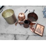 AN ASSORTMENT OF COPPER AND BRASS ITEMS TO INCLUDE A FONDUE SET AND A TANKARD ETC