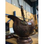 A LARGE FIREMAN'S HELMET STYLE COPPER COAL SCUTTLE HEIGHT 35CM