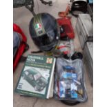 AN ASSORTMENT OF ITEMS TO INCLUDE AN AGV MOTORBIKE HELMET, A HAYNES MANUAL AND A TANKARD ETC