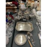 VARIOUS SILVER PALTED ITEMS TO INCLUDE A CANDLEABRA, CANDLESTICKS, HANDLES TRAY, TEA AND COFFEE POTS