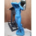 A LARGE HEAVY RECONSTITUTED STONE BLUE PAINTED FEMALE GARDEN FIGURE