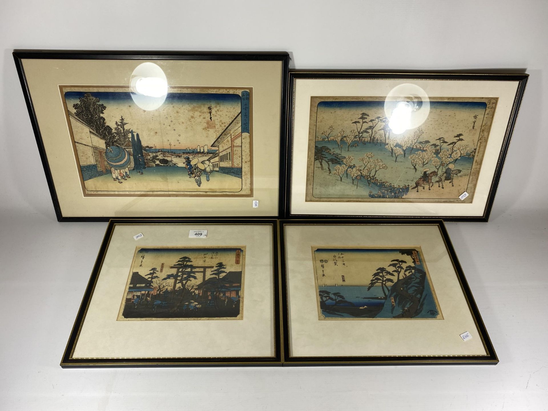 A GROUP OF FOUR HIROSHIGE JAPANESE WOODBLOCK PRINTS, LARGEST 52 X 37CM