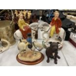 FOUR CERAMIC FIGURES TO INCLUDE TWO STAFFORDSHIRE HORSES, A BORDER FINE ARTS AROUND THE WORLD FIGURE