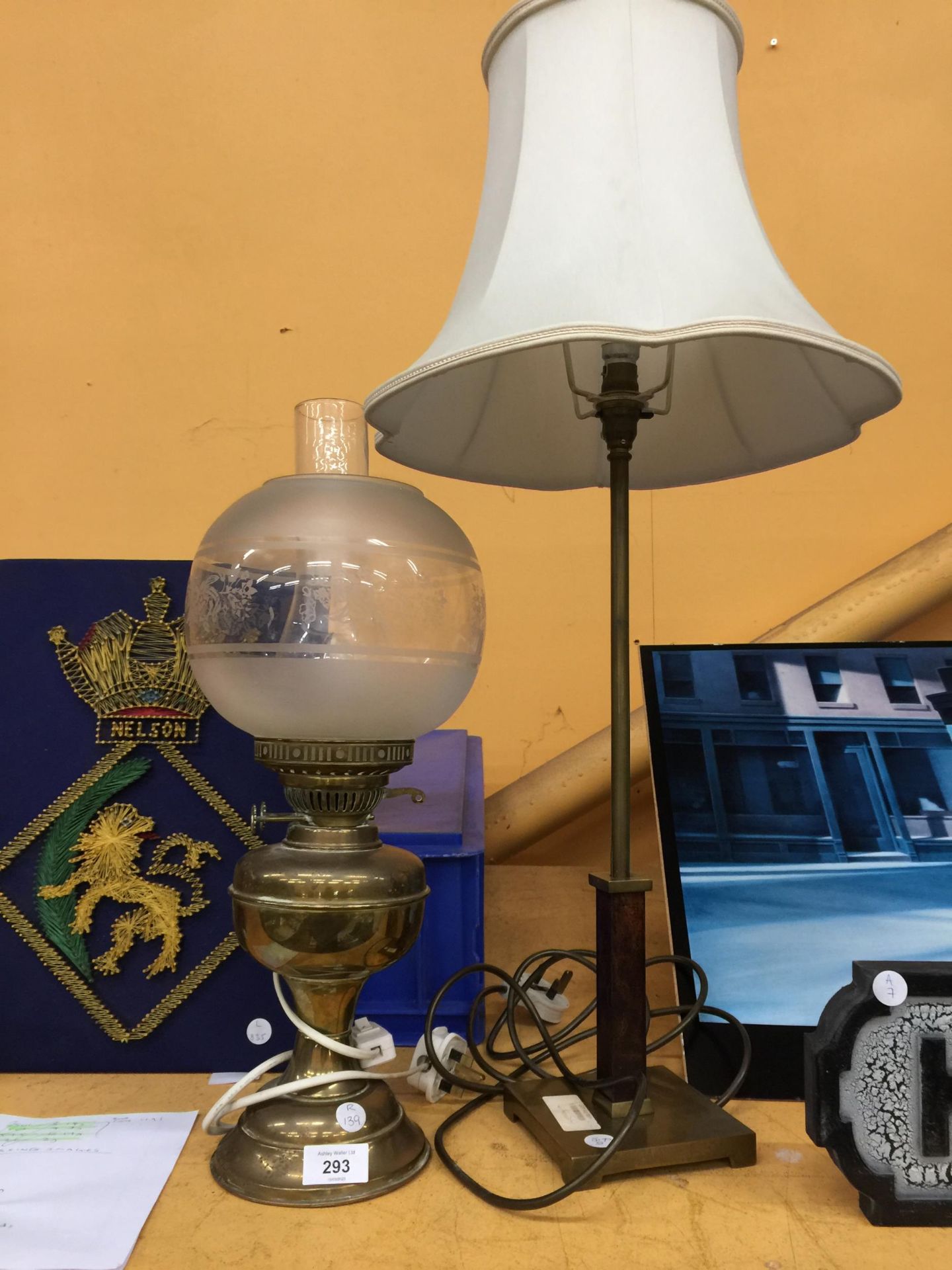 TWO LAMPS TO INCLUDE A BRASS OIL LAMP WITH GLASS FUNNEL AND SHADE AND A FRUTHER MODERN LAMP