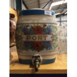 A LARGE STONEWARE PORT BARREL WITH BOTTOM TAP HEIGHT 28CM