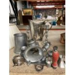 A VINTAGE BEATRICE MINCER TOGETHER WITH SILVER COLOURED CANDLESTICKS, LARGE JUG, TANKARD, ETC.,