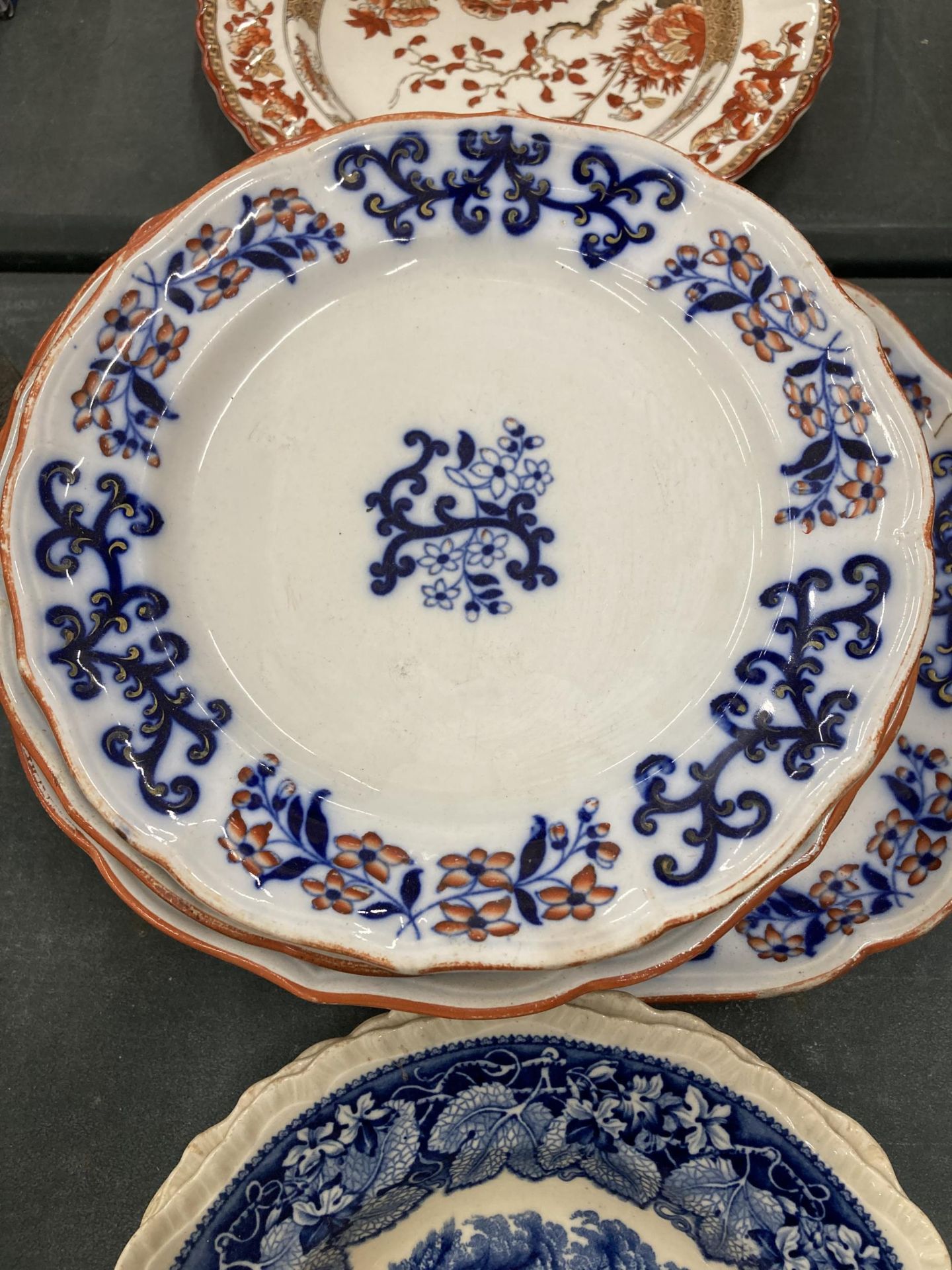 A QUANTITY OF VICTORIAN PLATES WITH IMPRESSED MARK TO TH BACK PLUS FIVE MASON'S 'VISTA' BLUE AND - Image 4 of 6