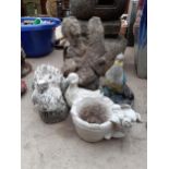 FIVE VARIOUS RECONSTITUTED STONE GARDEN FIGURES TO INCLUDE A DOVE AND A PEACOCK ETC