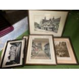 FIVE FRAMED PRINTS TO INCLUDE MARKET DRAYTON MARKET DAY, BUNTINGSDALE HALL, SHROPSHIRE STREET ETC.,