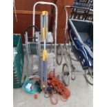 AN ASSORTMENT OF TOOLS TO INCLUDE A TWO RUNG ALUMINIUM STEP LADDER AND A FOOT PUMP ETC