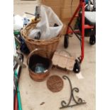 AN ASSORTMENT OF ITEMS TO INCLUDE A WICKER LOG BASKET ANDA COPPER COAL BUCKET ETC