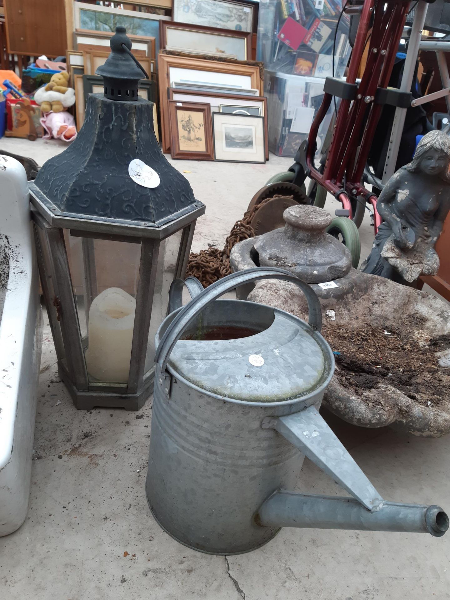 A WHITE BELFAST SINK, A GALVANISED WATERING CAN AND A CANDLE LANTERN - Image 2 of 4