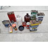 AN ASSORTMENT OF VINTAGE ITEMS TO INCLUDE OIL CANS AND DEMI JOHNS ETC