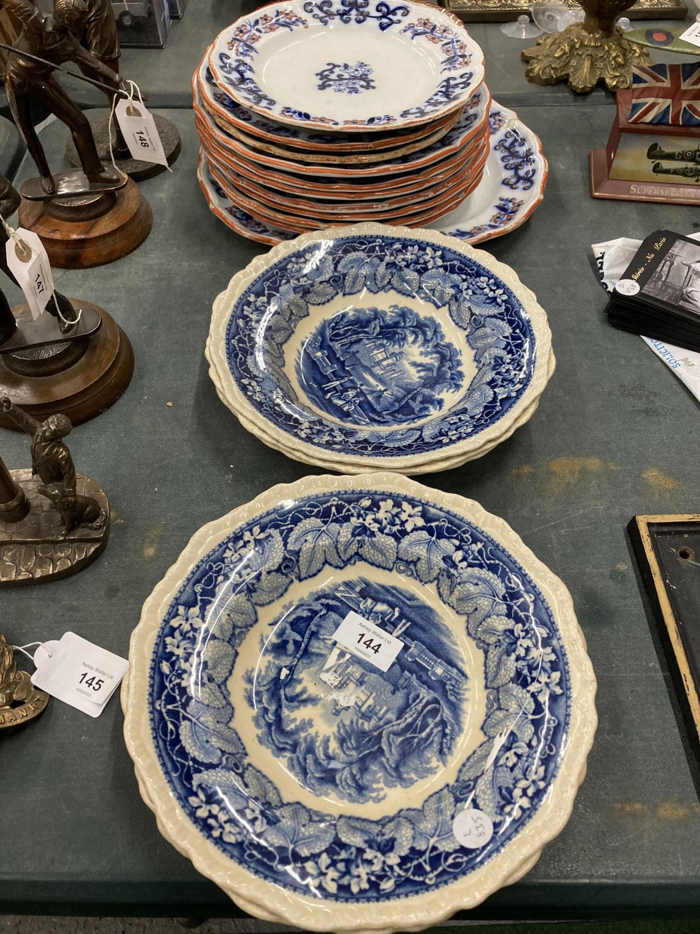 A QUANTITY OF VICTORIAN PLATES WITH IMPRESSED MARK TO TH BACK PLUS FIVE MASON'S 'VISTA' BLUE AND