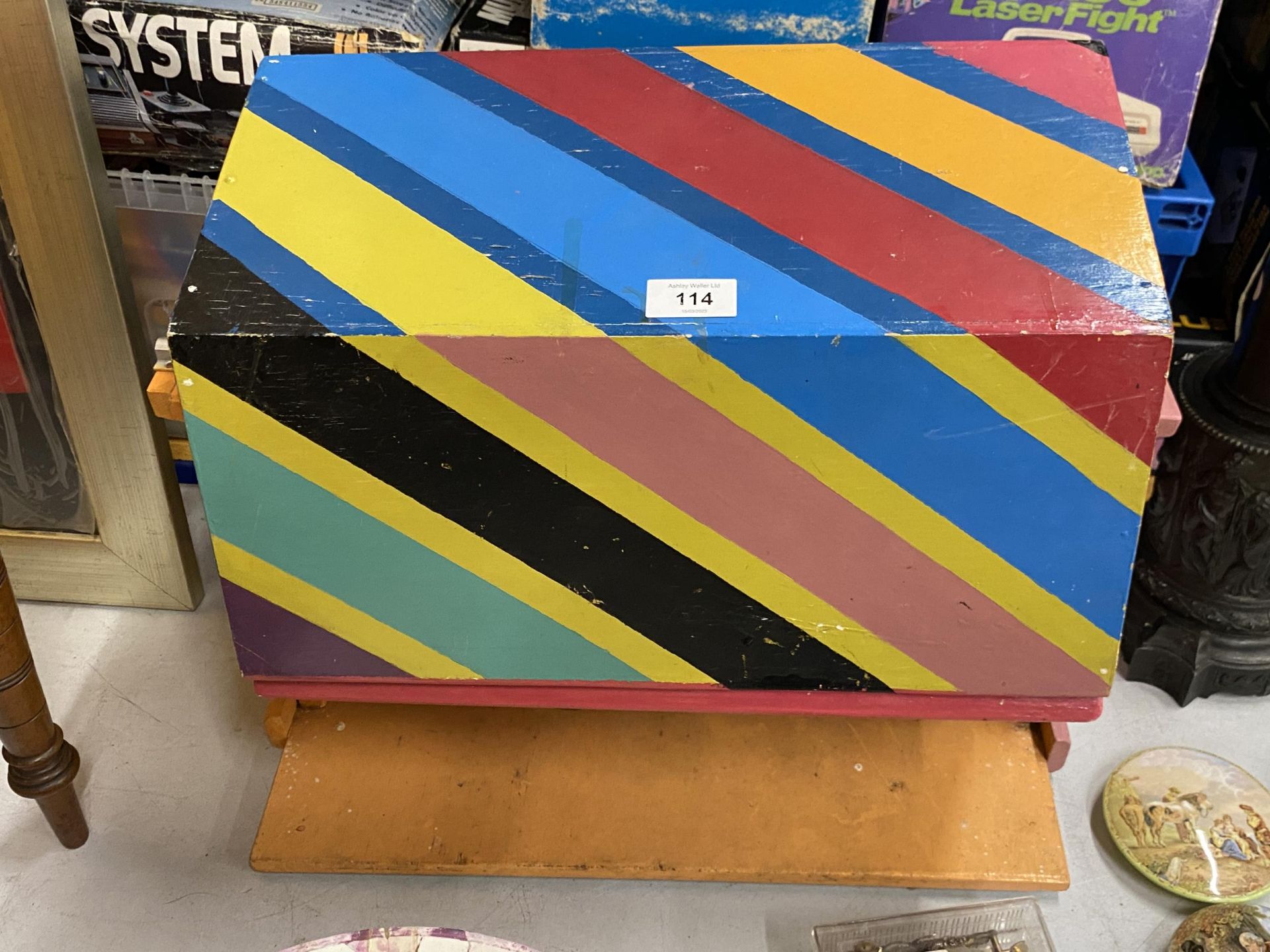 A PAINTED WOODEN TOMBOLA RAFFLE BOX