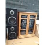 A TEAK CABINET CONTAINING A SONY STEREO SYSTEM AND TWO SONY SPEAKERS