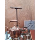 AN ASSORTMENT OF COPPER ITEMS TO IBNCLUDE MESSURING VESSELS AND A KETTLE ETC