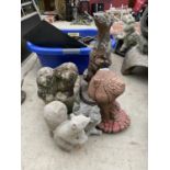 FIVE VARIOUS RECONSTITUTED STONE GARDEN FIGURES TO INCLUDE A WHIPPET AND A SQUIRREL ETC