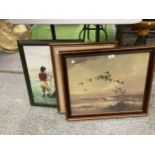 THREE FRAMED ITEMS TO INCLUDE A WATER COLOUR OF A GIRL AND HER DOG, AND OIL ON CANVAS OF DUCKS