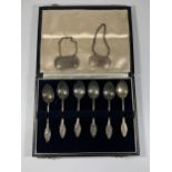 A CASED SET OF SIX HALLMARKED SILVER TEASPOONS WITH SWAN DESIGN HANDLE AND TWO SILVER DECANTER