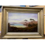 A GILT FRAMED 1911 LAKEVIEW SCENE OIL ON CANVAS, SIGNED OLDHAM HART, 45 X 62CM