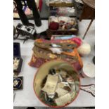 TWO TINS AND A SEWING BAG WITH CONTENTS