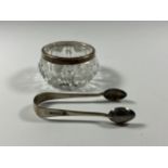 TWO HALLMARKED SILVER ITEMS - SMALL SUGAR TONGS AND CUT GLASS OPEN SALT