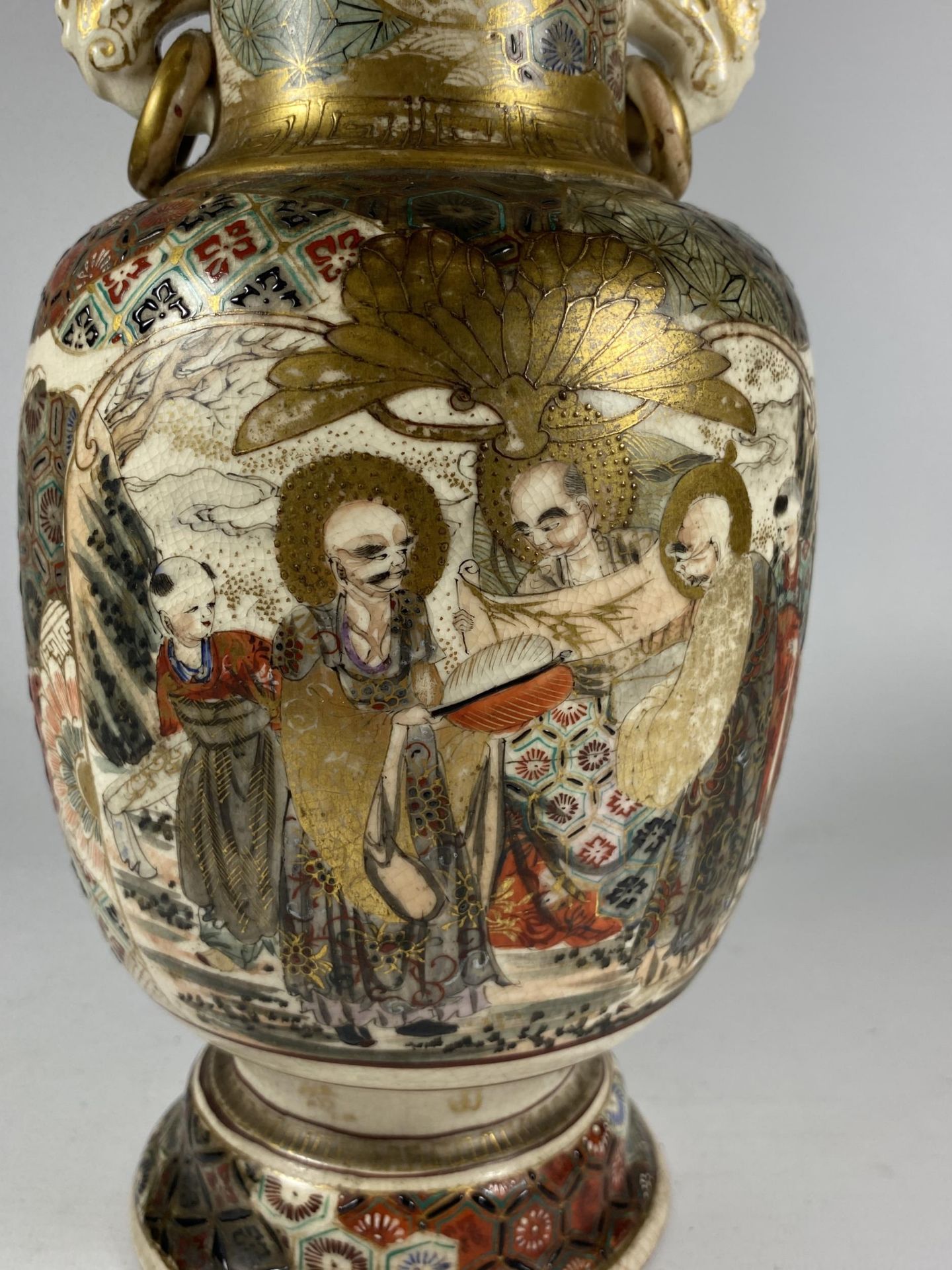 A JAPANESE MEIJI PERIOD (1868-1912) SATSUMA POTTERY TWIN HANDLED VASE WITH FIGURAL SCHOLAR DESIGN, - Image 2 of 5