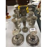 VARKIOIUS WHITE METAL AND SILVER PLATED ITEMS TO INCLUDE CANDLESTICKS, VASES, TANKARDS ETC