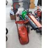 TWO ELECTRIC LEAF BLOWERS, A FLYMO LAWN MOWER AND A METAL WHEEL BARROW ETC