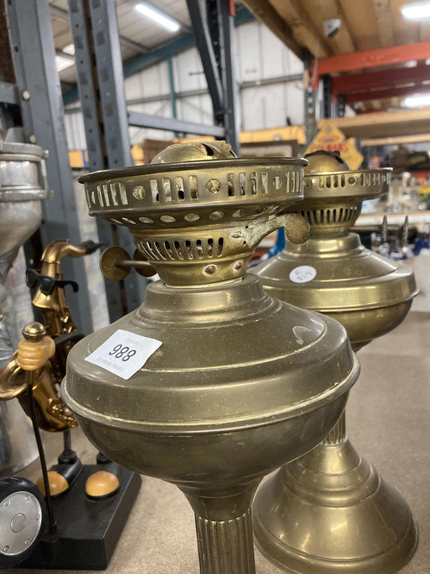 TWO VINTAGE OIL LAMPS WITH BRASS BASES - Image 2 of 3