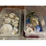 TWO BOXES OF CERAMICS TO INCLUDE B&G CHRISTMAS PLATES, ART DECO STYLE TEASET ETC