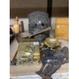 A QUANTITY OF COPPER AND BRASSWARE TO INCLUDE A PLANTER, LETTER HOLDER, PAN ETC.,