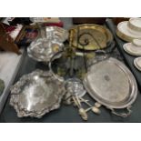 A QUANTITY OF SILVER PLATE AND BRASS ITEMS TO INCLUDE TRAYS, AN EPERGNE, CANDLESTICK A/F,