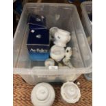 A BOX CONTAINING AYNSLEY CERAMICS, BOXED ITEMS ETC