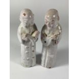 A PAIR OF ORIENTAL STONEWARE MONK FIGURES, HEIGHT 13CM