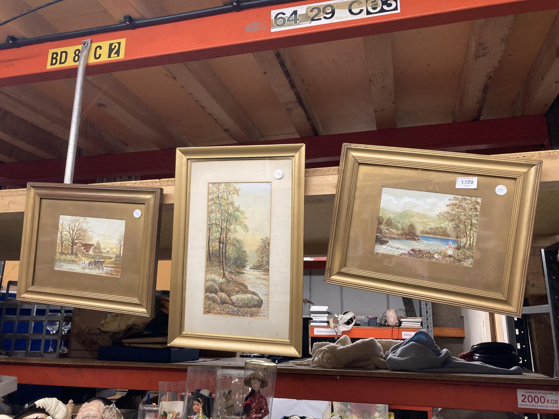 THREE GOLD FRAMED WATERCOLOURS TWO SIGNED BY THE ARTIST