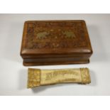 AN ANTIQUE BONE REMEMBRANCE CARVING TOGETHER WITH A CARVED WOODEN BOX