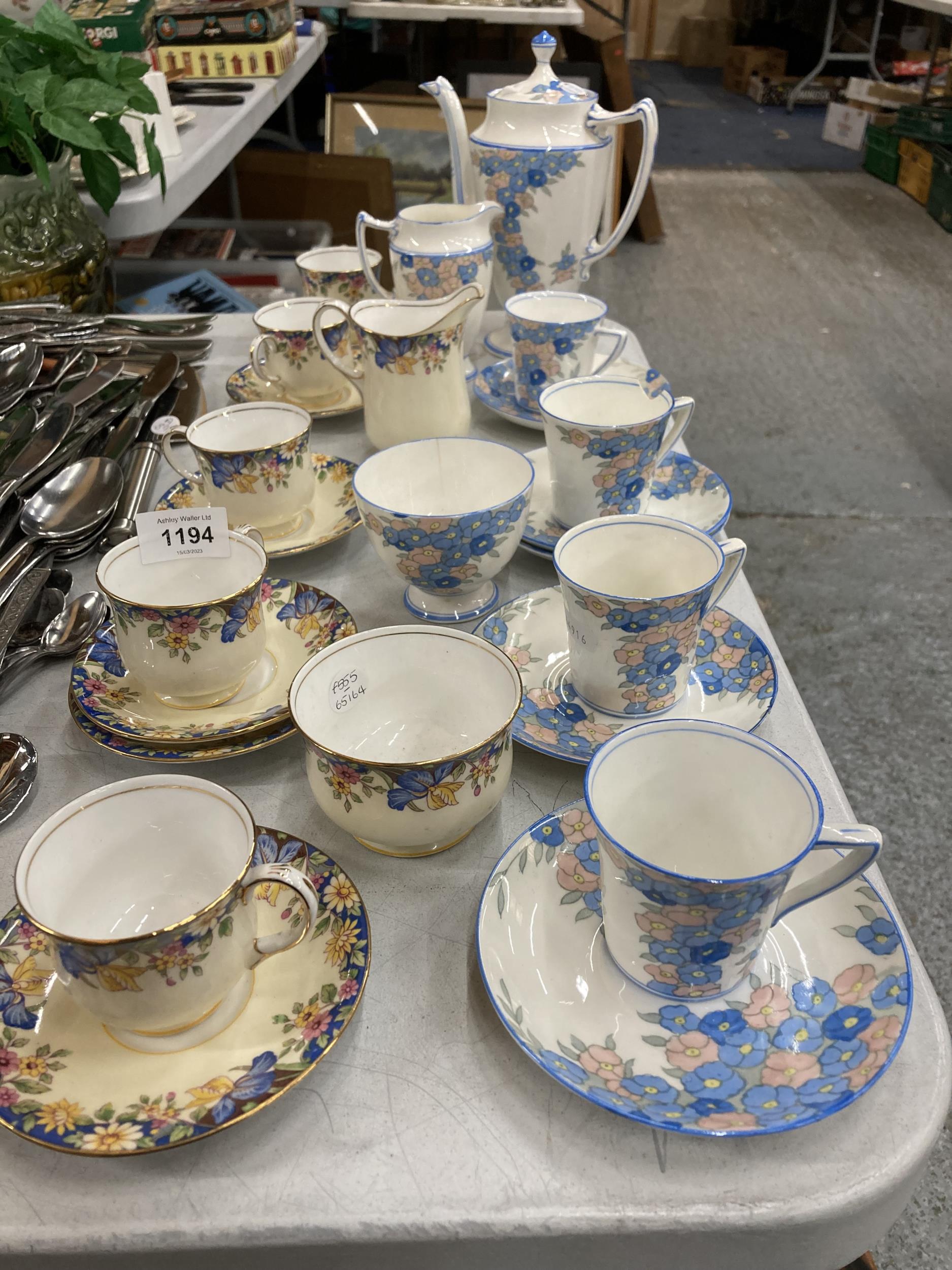 AYNSLEY CUPS AND SAUCERS, SUGAR BOWL, MILK JUG AND A FURTHER TEA SET (ONE CUP A/F)