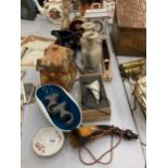 A COLLECTION OF ITEMS TO INCLUDE CLOCKS, CERAMICS, HORN, RECORDER ETC