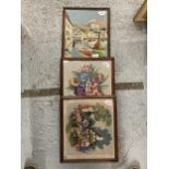 THREE FRAMED WOOLWORK TAPESTRIES