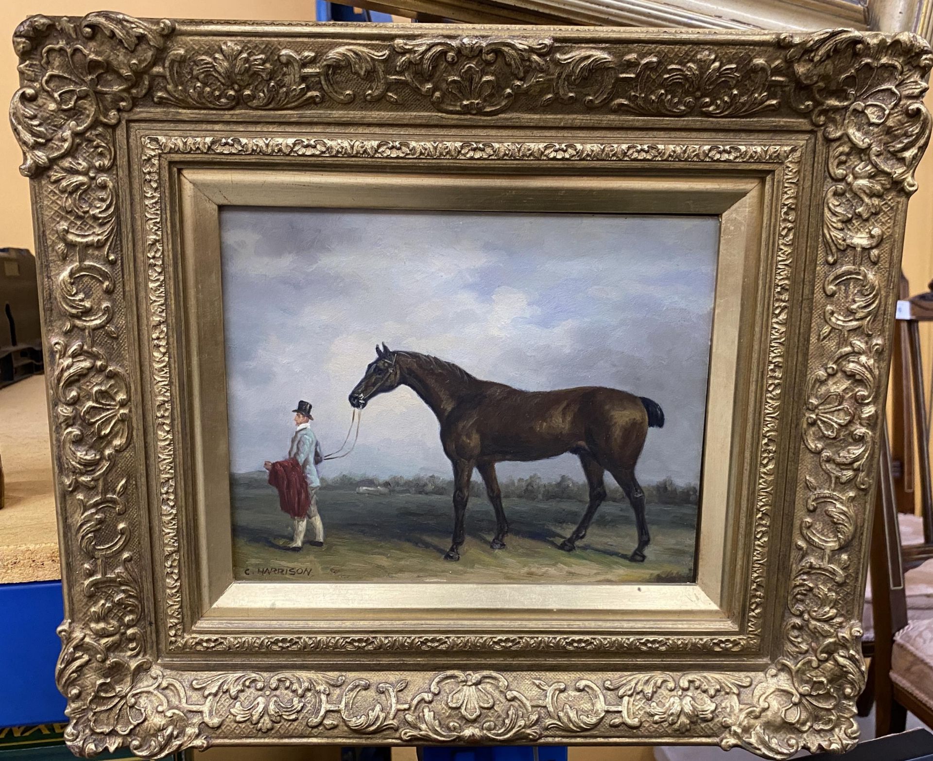 A GILT FRAMED OIL PAINTING OF A RACEHORSE, SIGNED C.HARRISON, 35 X 41CM