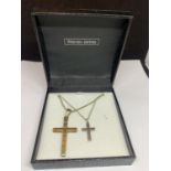 TWO MARKED SILVER NECKLACES WITH CROSS PENDANTS IN A PRESENTATION BOX