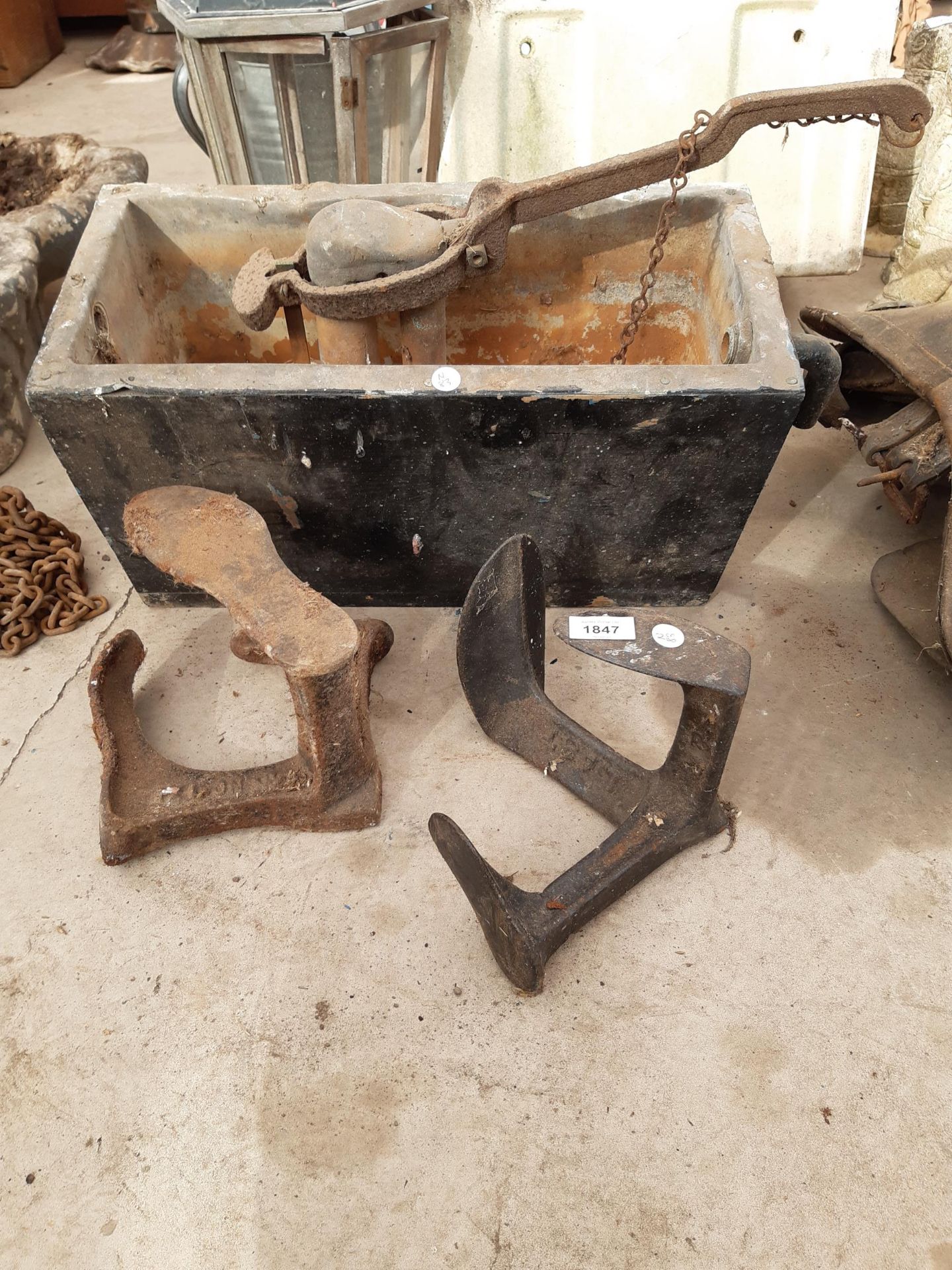 A VINTAGE SISTERN AND TWO VINTAGE COBBLERS LASTS